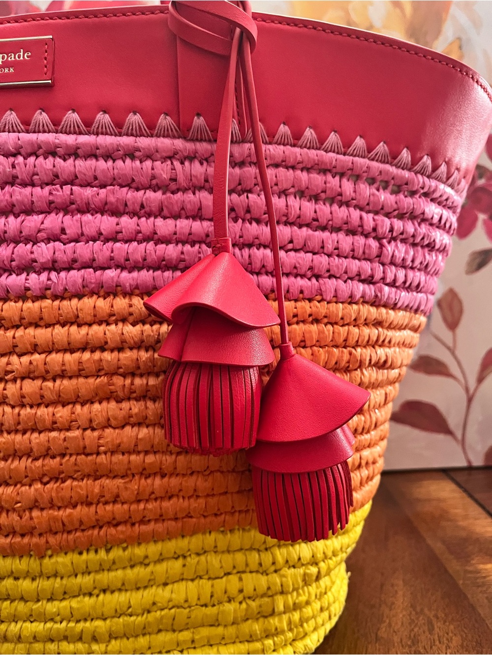 Kate Spade Pier Striped Straw Medium Tote in Pink, Orange & Yellow w/Tassel - Picture 6 of 17